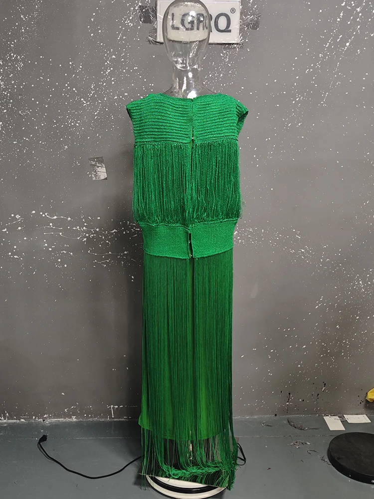 LGRQ 2026 new autumn and winter stand collar sleeveless tassels slim pullover high waist dress female vestido