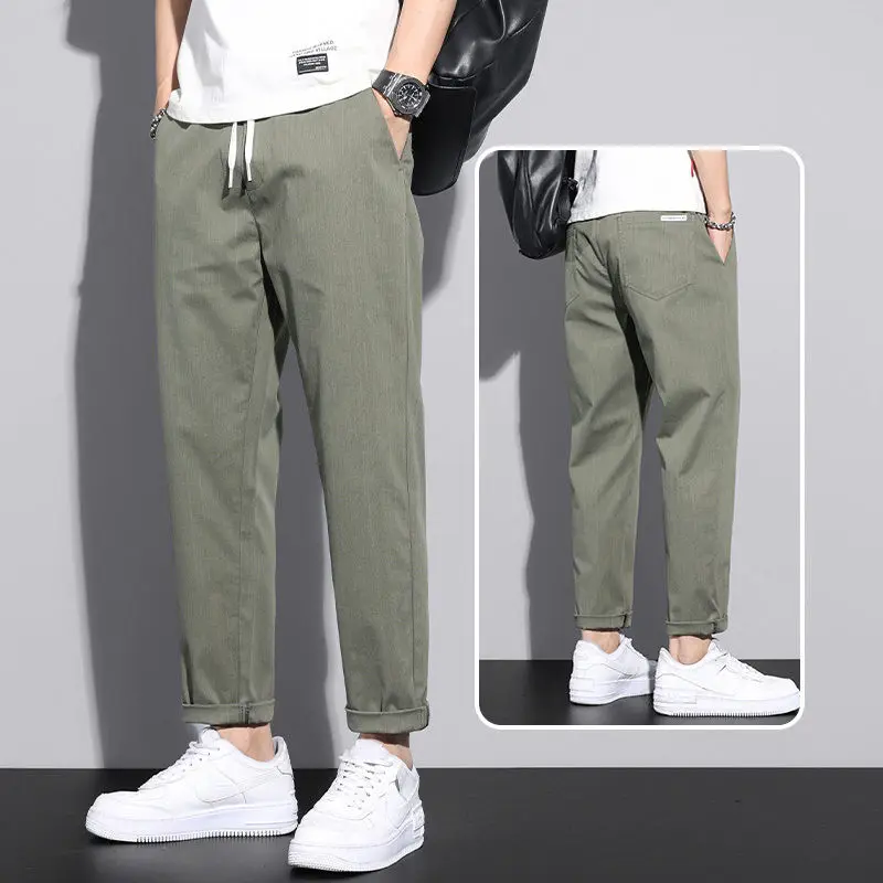 Casual Baggy Pants Men's Loose Straight Summer Thin Ice Silk Male Cropped Suit Pants  Elastic Waist Cotton Trousers Men Pants