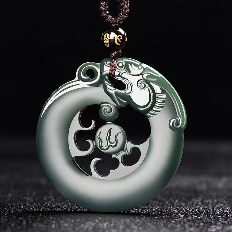 Mai Chuang/ Hand Carved/He Tian Cyan Jade Zodiac Dragon Necklace Pendant Fashion Jewelry Accessories Men Women Couple Gift