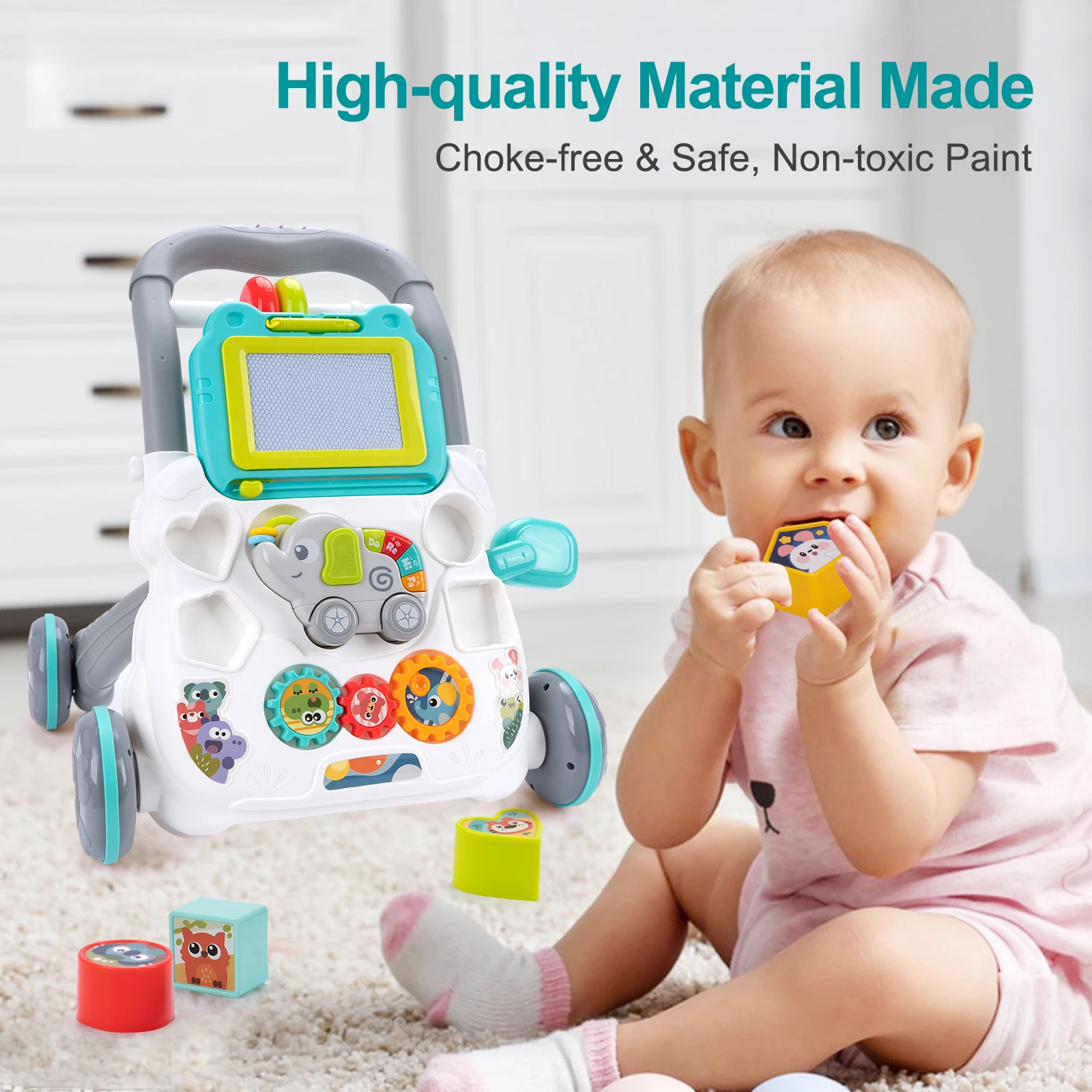 การ์ตูนเด็ก Push Walker ของเล่นกระดานวาดภาพเพลงมัลติฟังก์ชั่กิจกรรมเด็กวัยหัดเดิน Walker การเรียนรู้ Walk สําหรับ 6-15 เดือนทารก