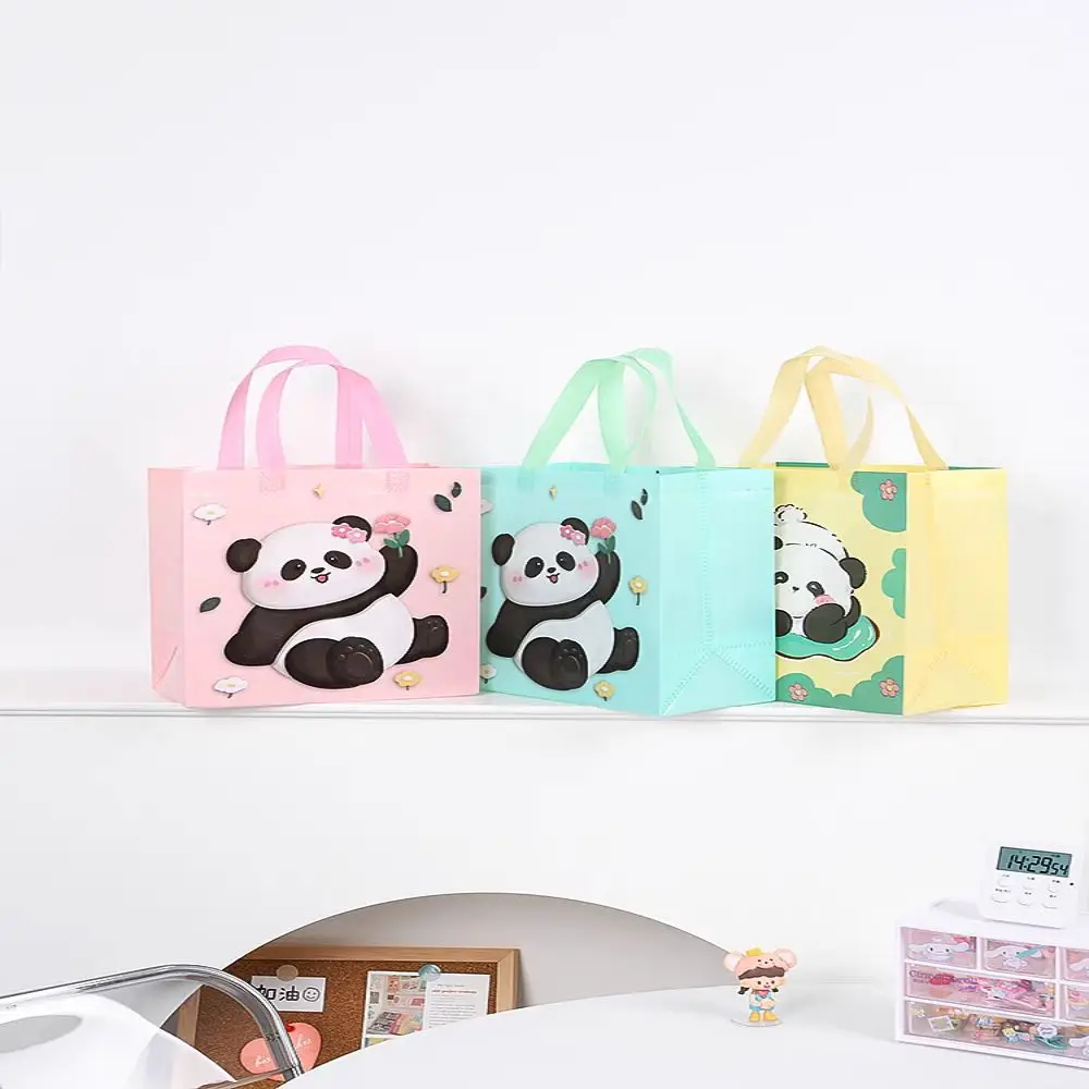 Grande capacidade Cartoon Panda sacola não tecida, Saco de armazenamento colorido com alças, Eco Friendly sacos de compras para meninas