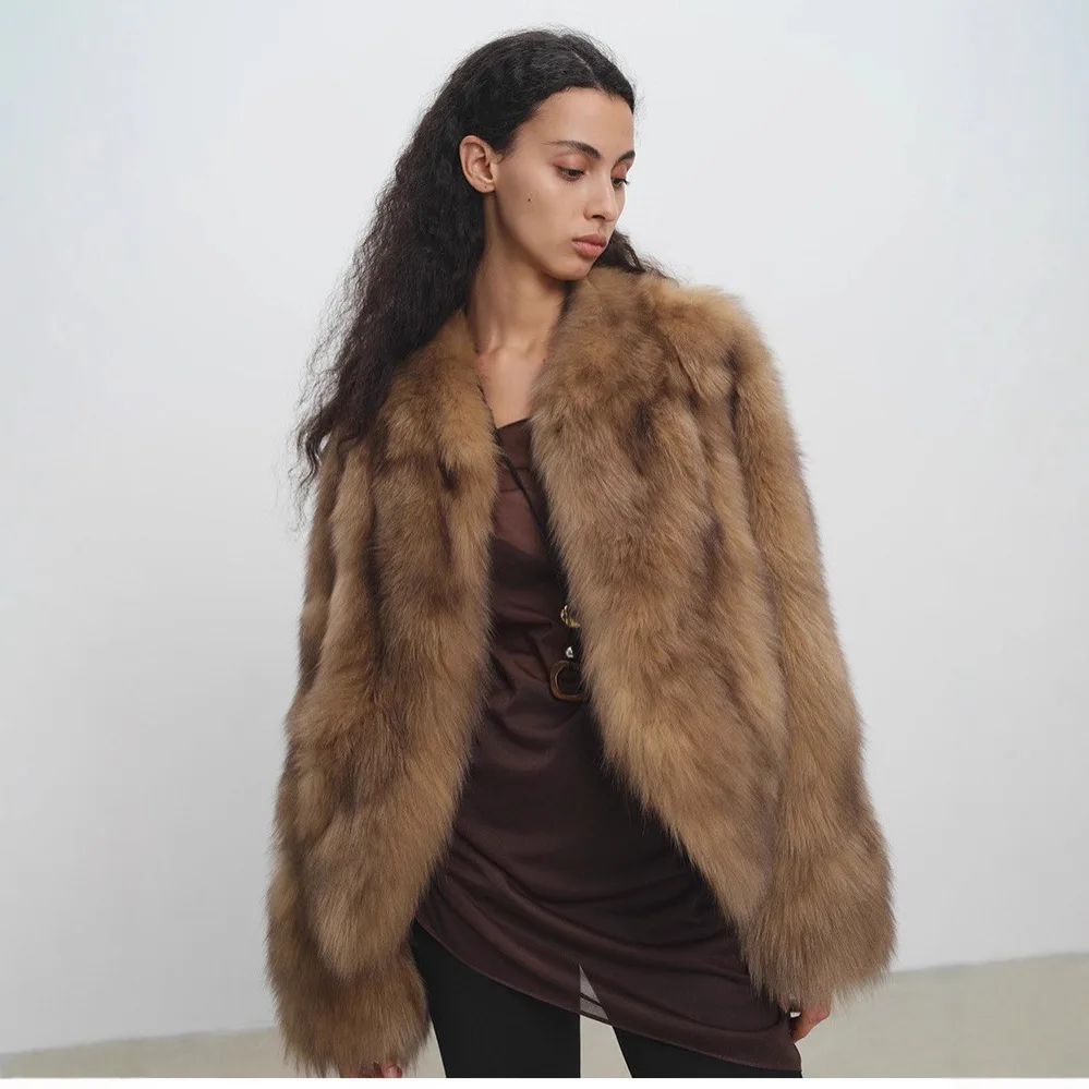 Cinatge براون الشتاء النساء معطف الفرو البيئي الخامس الرقبة مصممة فو الثعلب معطف جلد للإناث مفصلة سيدة الاصطناعي معطف الفرو القصير #4