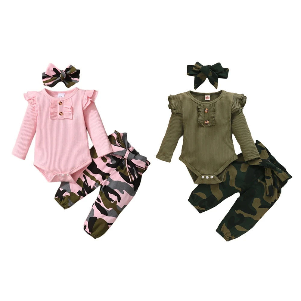 

Newborn Baby Camouflage Clothing Set with Headband Toddler Girls 3Piece Outfit Knitted Sets for Baby Long Sleeve Fall Clothing