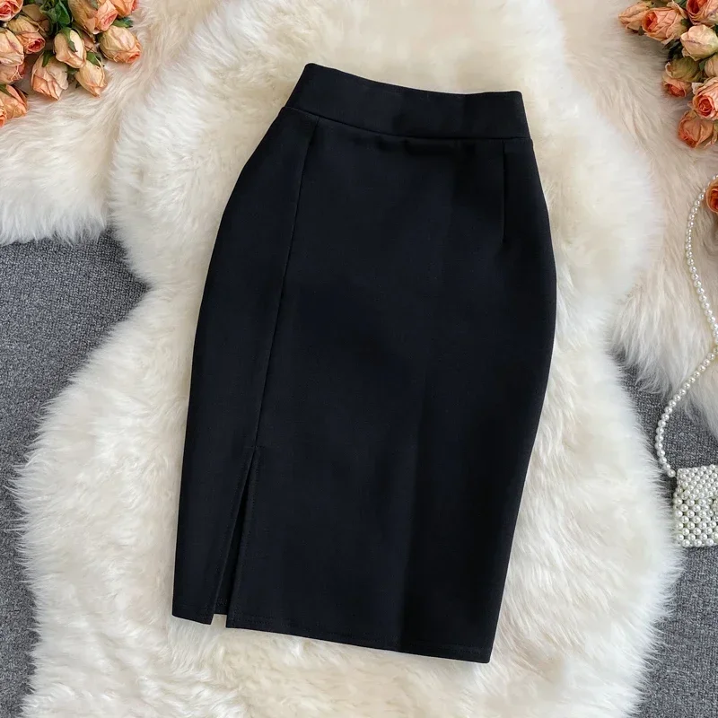 Mini High Waisted Midi Skirt for Women OL Professional Temperament Slimming Side Slit Hip Hugging A-line Skirt Autumn A166