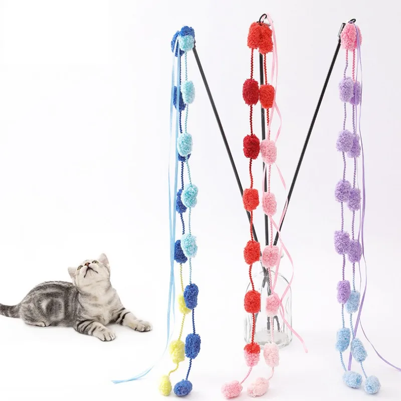 

Cat Toys Wool Ball Tassel Cats Stick Interactive Cat Toy Bite Resistant Teasing Toys Long Handle Cats Toy with Bell Pet Supplies