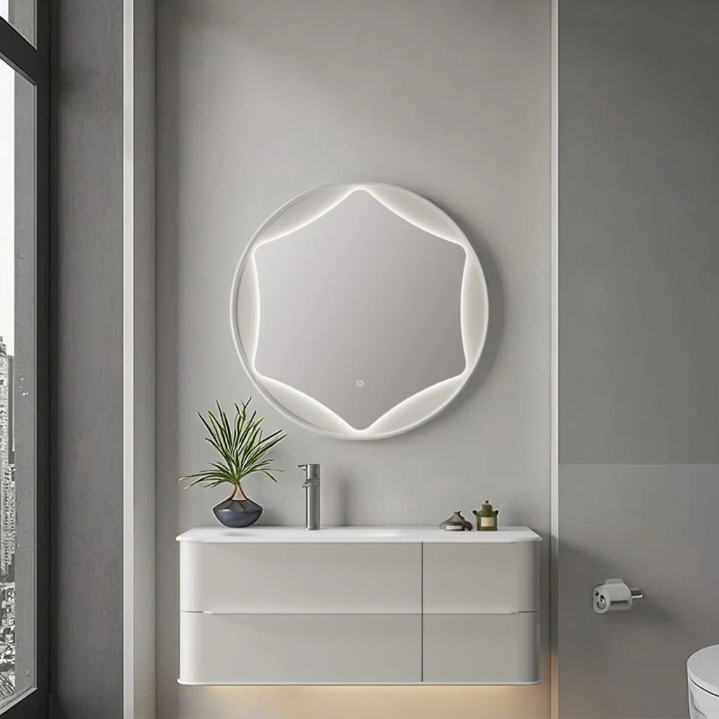 

Modern LED Bath Mirror With Wooden Frame And Sintered Stone Curved Sink Wall Mounted For Bathroom Vanity For Hotels Apartments