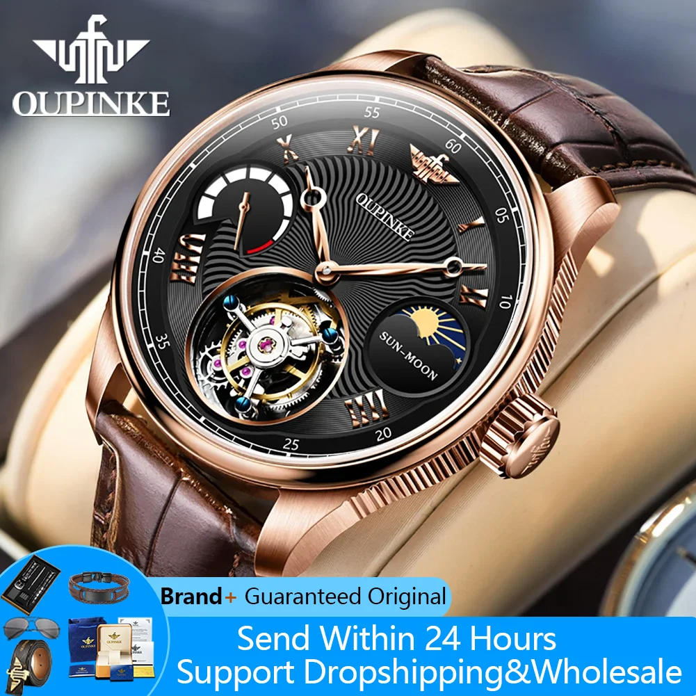

Часы OUPINKE 8001 для мужчин, 50 м, водонепроницаемые мужские часы с фазой Луны, сапфировое зеркало, полый турбийон, механические мужские наручные часы