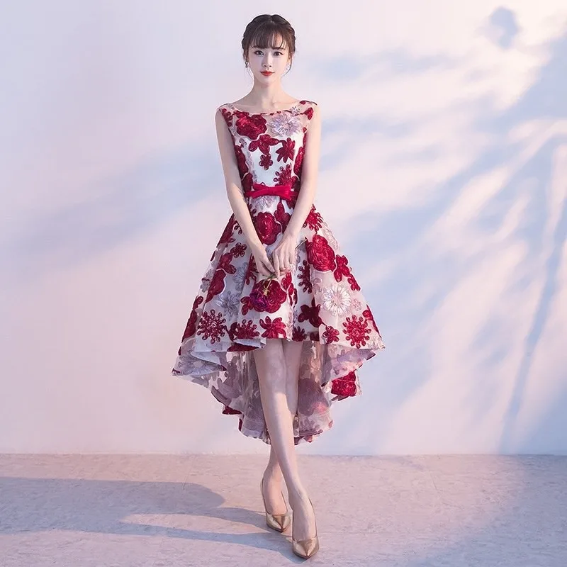 Burgundy Floral Print Bridesmaid Dresses Elegant Sexy MINI Prom Gown O Neck Sleeveless Wedding Party Dress Customized Bow Dress