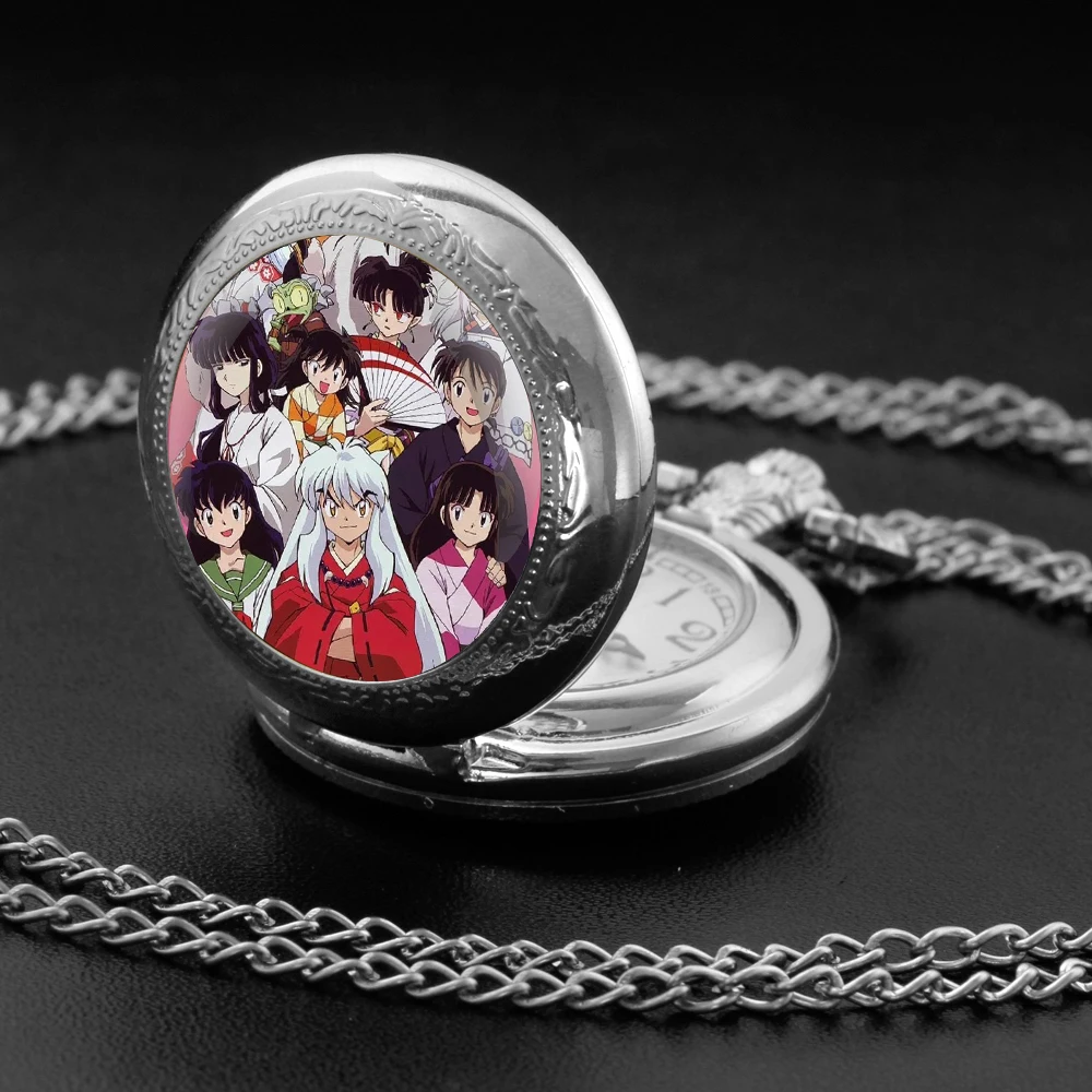 Anime Inuyasha Design Glass Dome Quartz Pocket Watch with Arabic Numeral Dial on Chain Ideal Present for Special Occasions