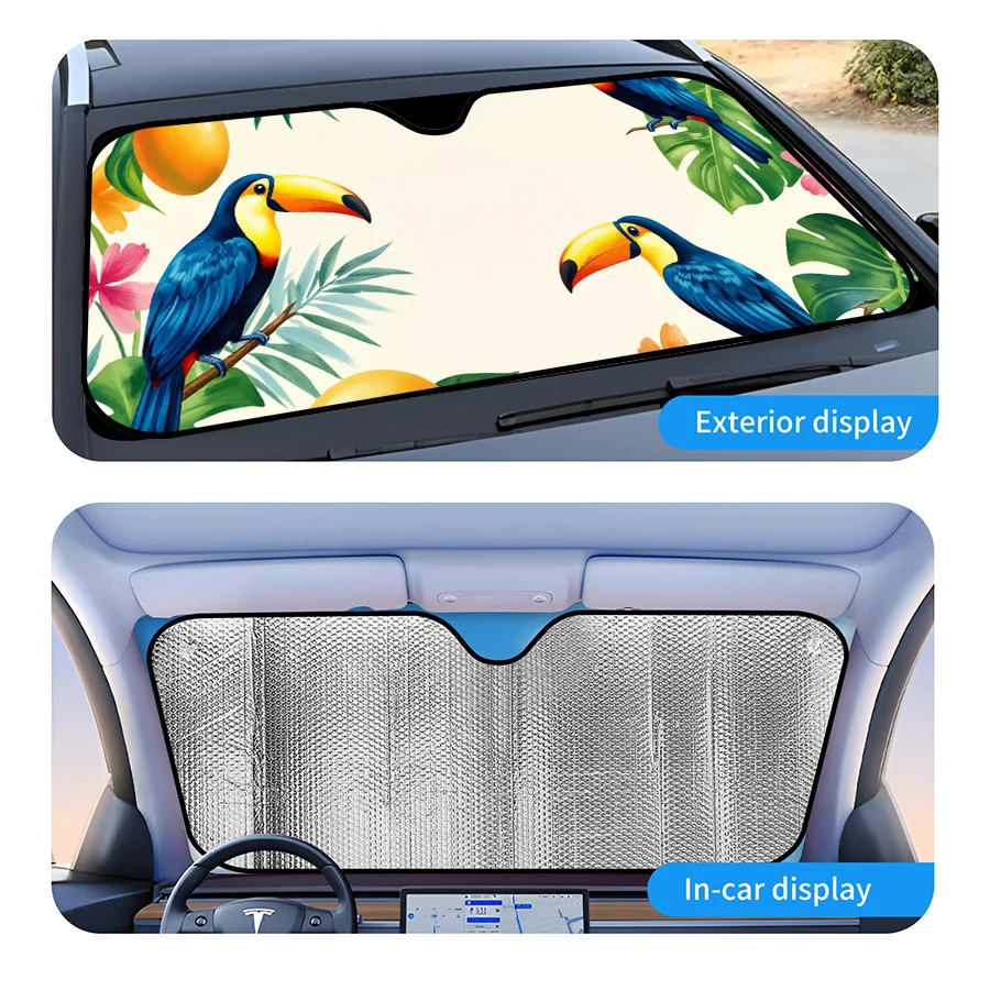 Multi-Functional Foldable Car Window Sun Shade With 3 Sizes, Tropical Toucan And Mango Print, Universal Fit For Windshield, Bloc