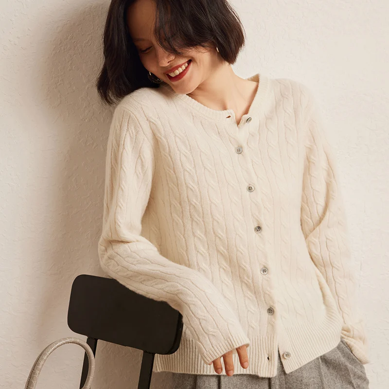 Hot Sale 100% Cashmere Cardigan Women Coat Autumn And Winter New Short Jacket O-Neck Long Sleeve Sweater Female Knitwear Outwear