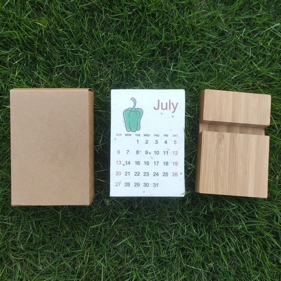 New 2025 desk calendar with bamboo holder and kraft box,customized 12sheets handmade plantable seed paper calendar