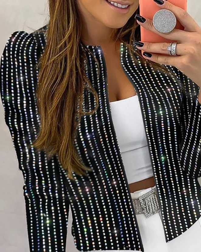 Women\'s Jackets Casual 2023 Autumn Studded Striped Long Sleeve Round Neck Coat Mujer Fashion Y2K Streetwear Outerwear Cardigan