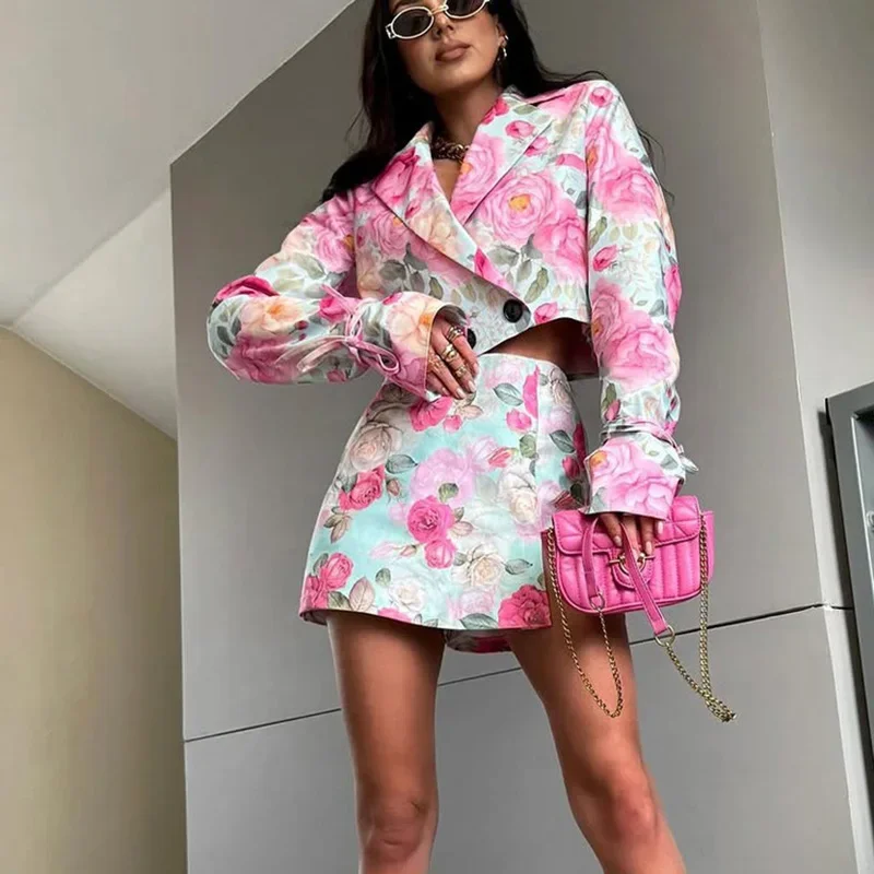 Printed Fashion Skirt Set Female Lapel Long Sleeve Short Cardigan High Waist Mini Skirt Two Piece Set Commuting Elegant