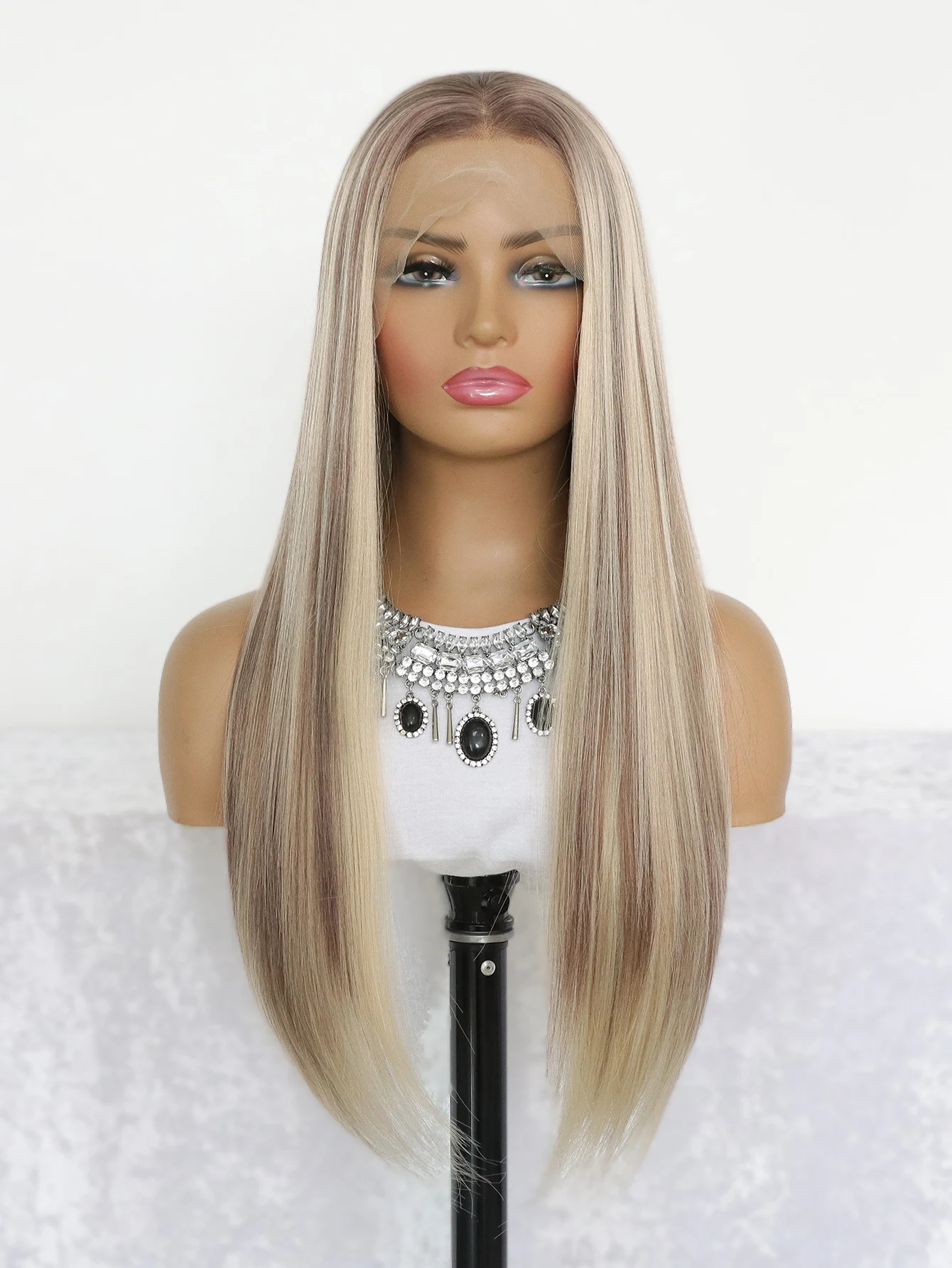 Highlight Brown Synthetic Lace Wigs for Women 13x4 Lace Front Wig Pre Plucked 24 Inch Straight Lace Frontal Wigs Blonde Daily