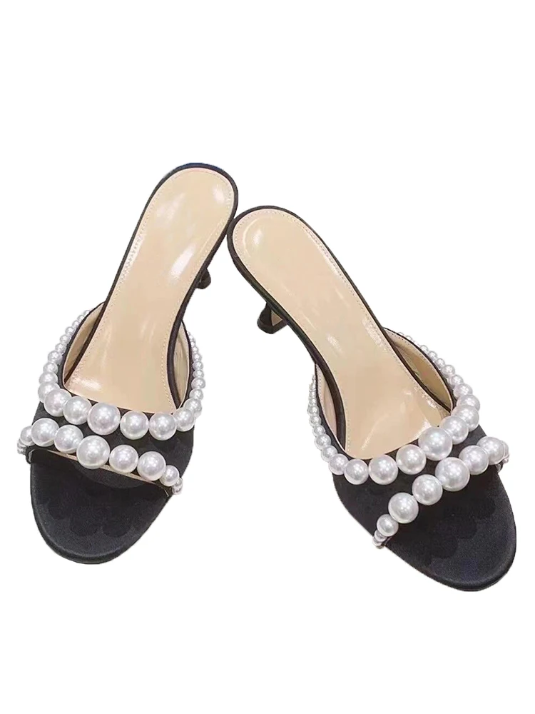 French Pearl Slippers Women\'s Summer New Black Versatile Open-toe Round Toe Strap Stiletto Sandals