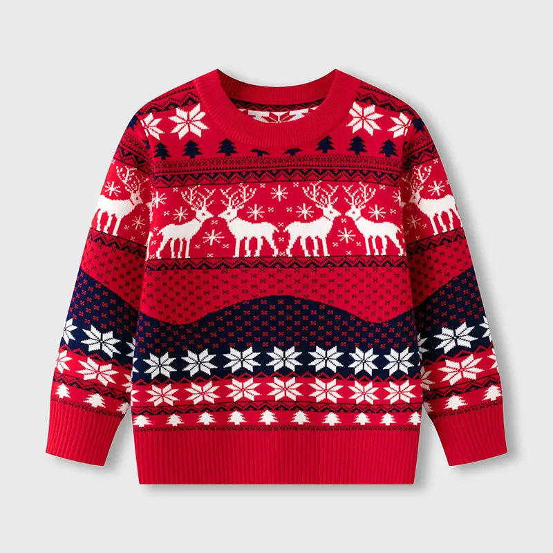

New 2025 Kids Cute Christmas Elk Jacquard Warm Knitted Crew Neck Pullover Sweater Baby Boys Girls Autumn Winter Xmas Sweaters