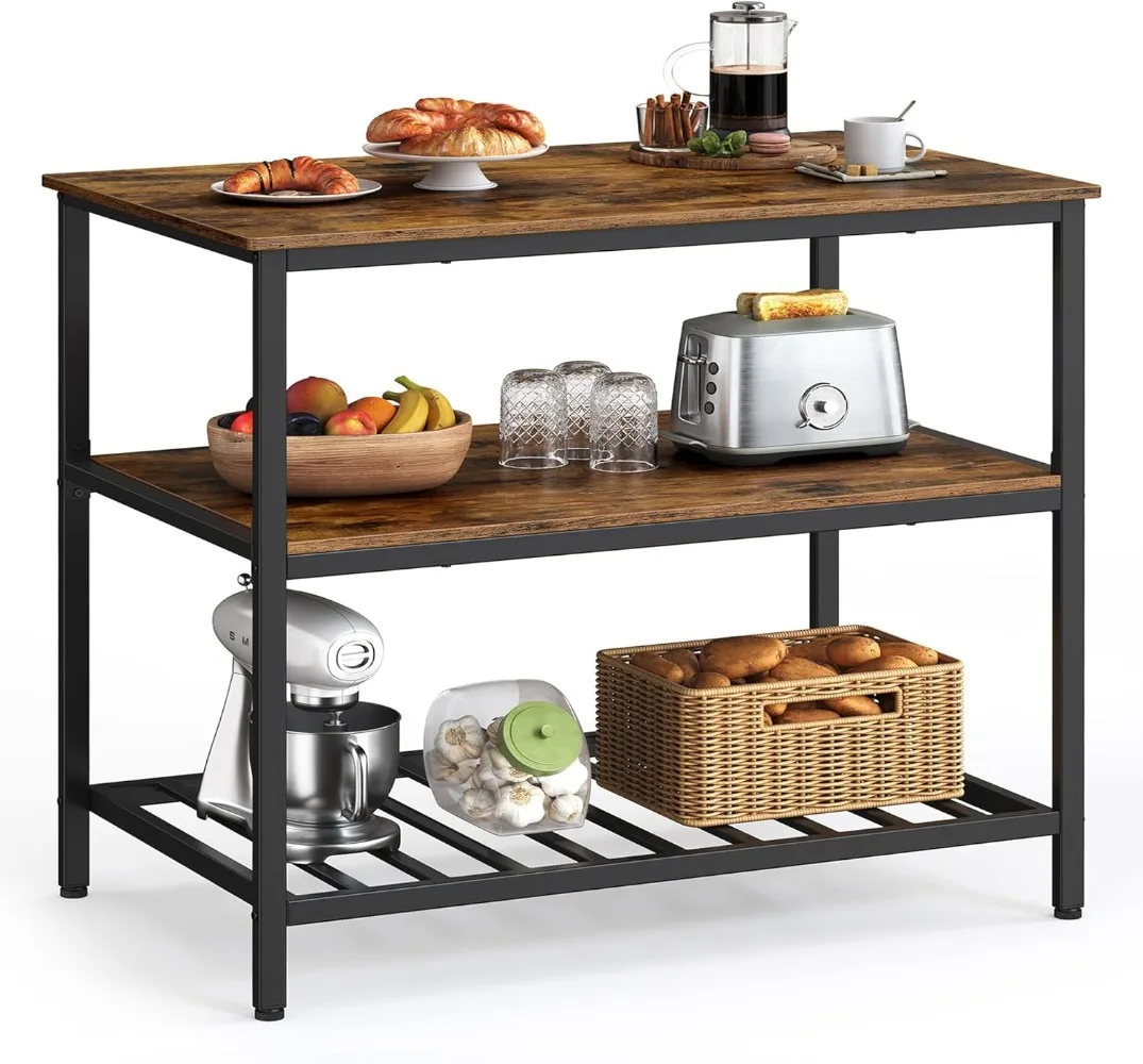 

Island with 3 Shelves, 39.4 Inches Width Kitchen Shelf with Large Worktop Stable,Easy To Assemble, Rustic Brown and Black