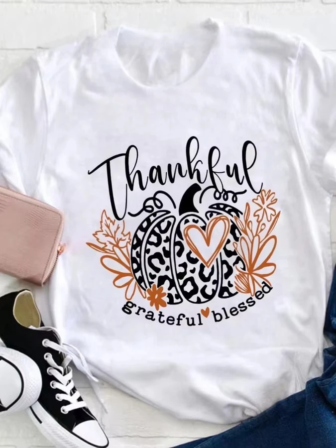 Thankful Grateful Blessed TShirt Women Leopard Pumpkin Printed Graphic Tee 90s Vintage Style Crewneck Short Sleeve Free Shipping