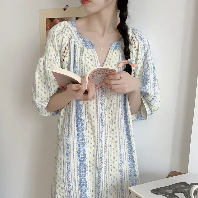Wholesale Supply of Korean Inspired Pure Cotton Nightgown Double Layered Yarn Lightweight Breathable Short Sleeve Loungewear