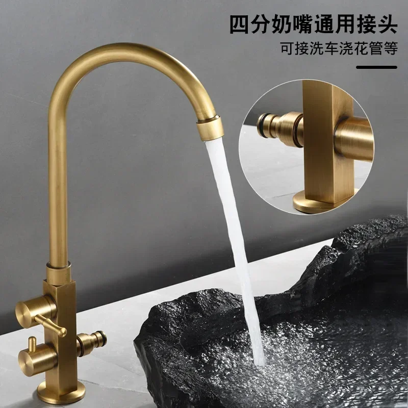 

DurableOutdoor Courtyard All Copper Antique Faucet Antifreeze Single Cold Retro Wash Basin Marble Stone Basin Outdoor Garden