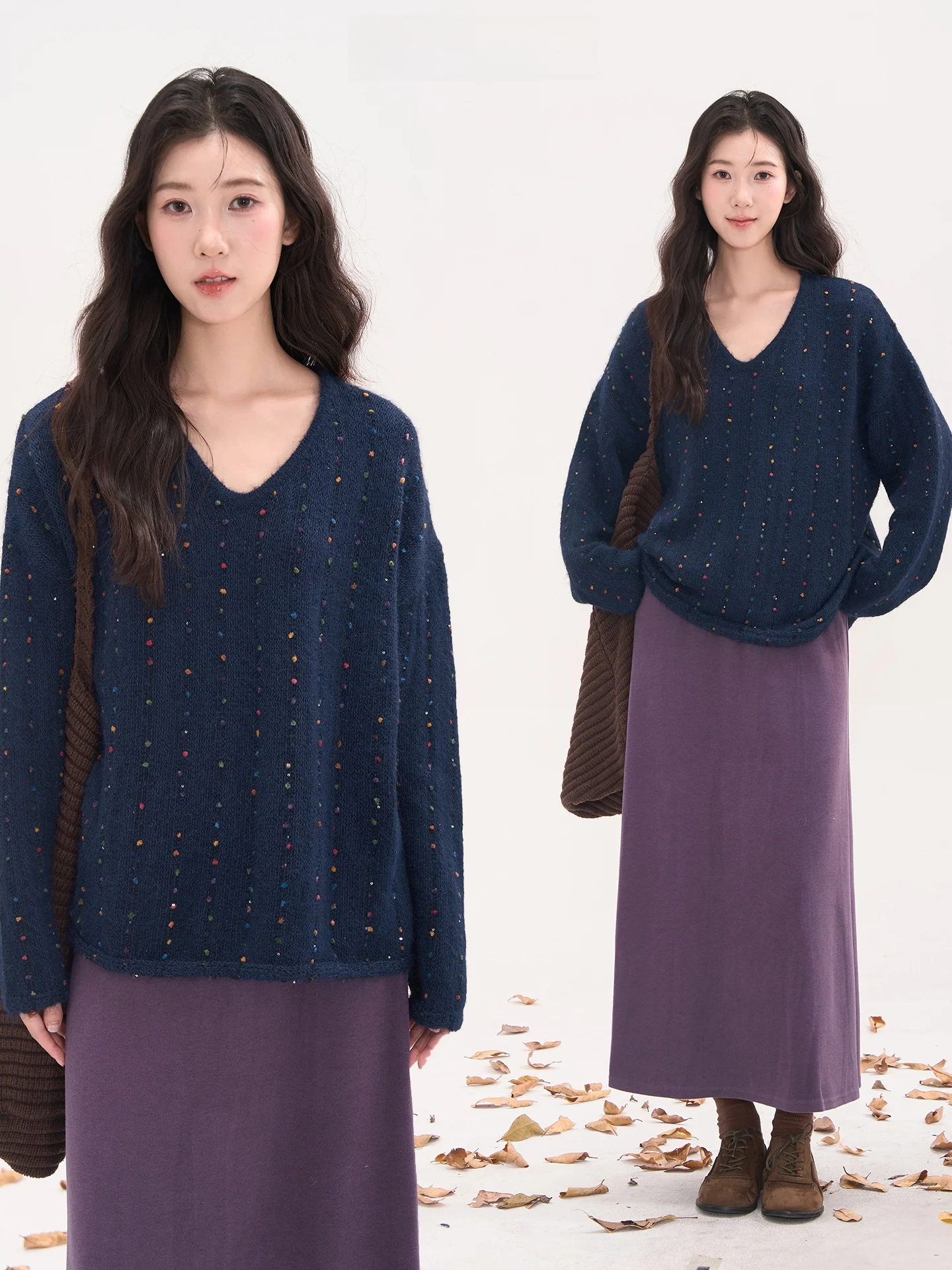 

Heme 3 Woolen Knitted V-Ne Sweater Women's Overhead Sle Autumn Winter Warm Color Long Sve Loose Fit Commute Sle