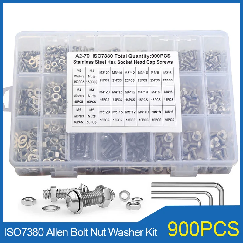 

900PCS Hexagon Hex Socket Button Round Head Screw Set M3 M4 M5 304 Stainless Steel ISO7380 Allen Bolt Nut Washer Assortment Kit