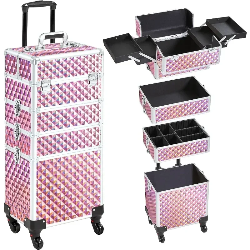 4 in 1 Professional Makeup Train Case Rolling Cosmetic Trolley Makeup Travel Case with 4 Detachable Removable Wheels