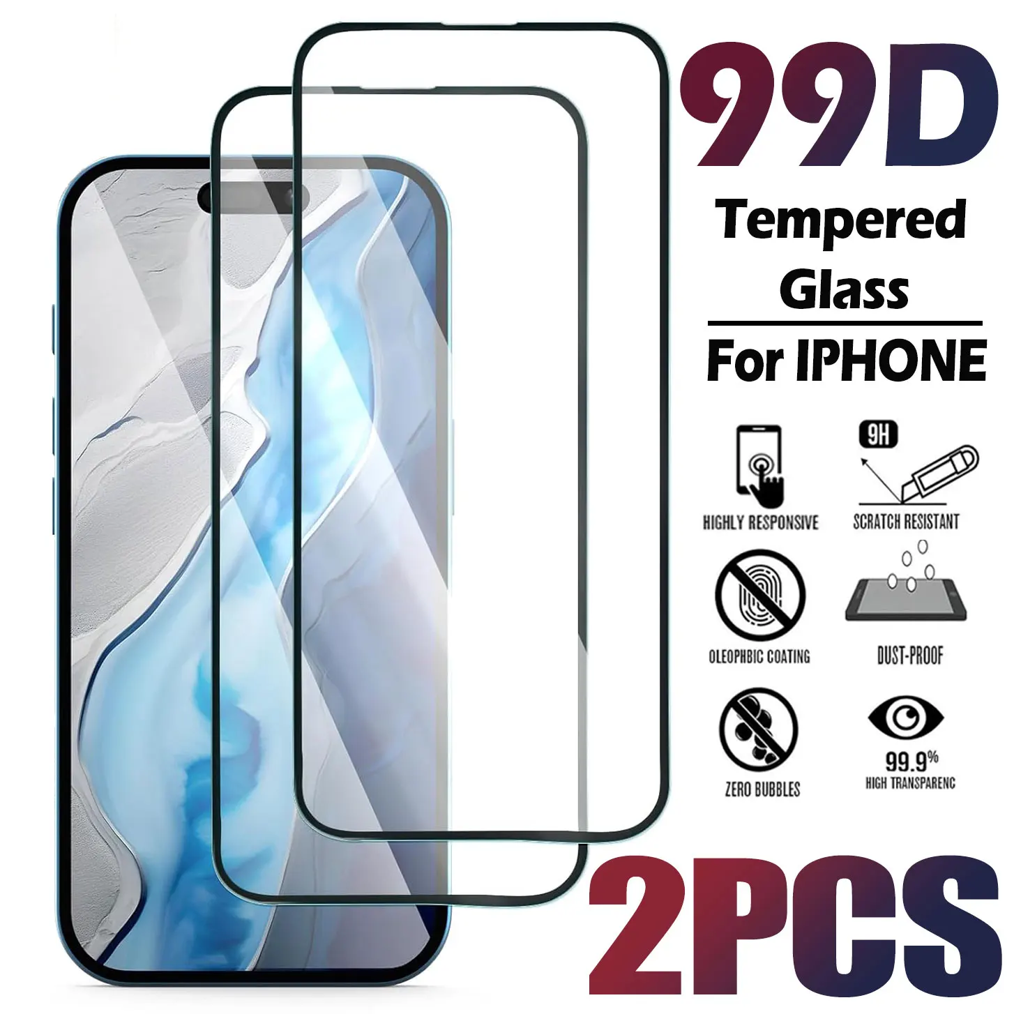 2PCS 99D Full Cover Tempered Glass for iPhone 16 Pro Max Screen Protector Film for iPhone 16 Plus HD iphone 16 Protective Glass