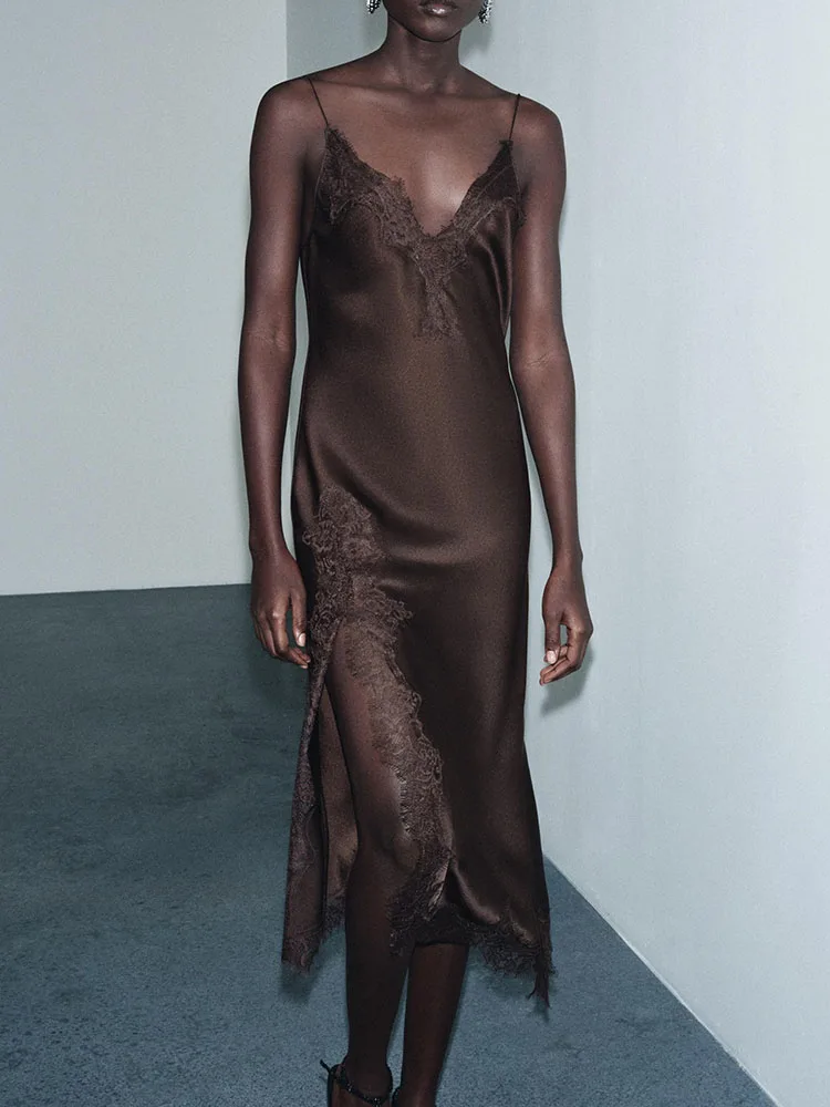 

Faionable Sweet Lace Silk Satin Feel Dr 2025 Winter New Arrival High Waist Midi Length Evening Gown for Women