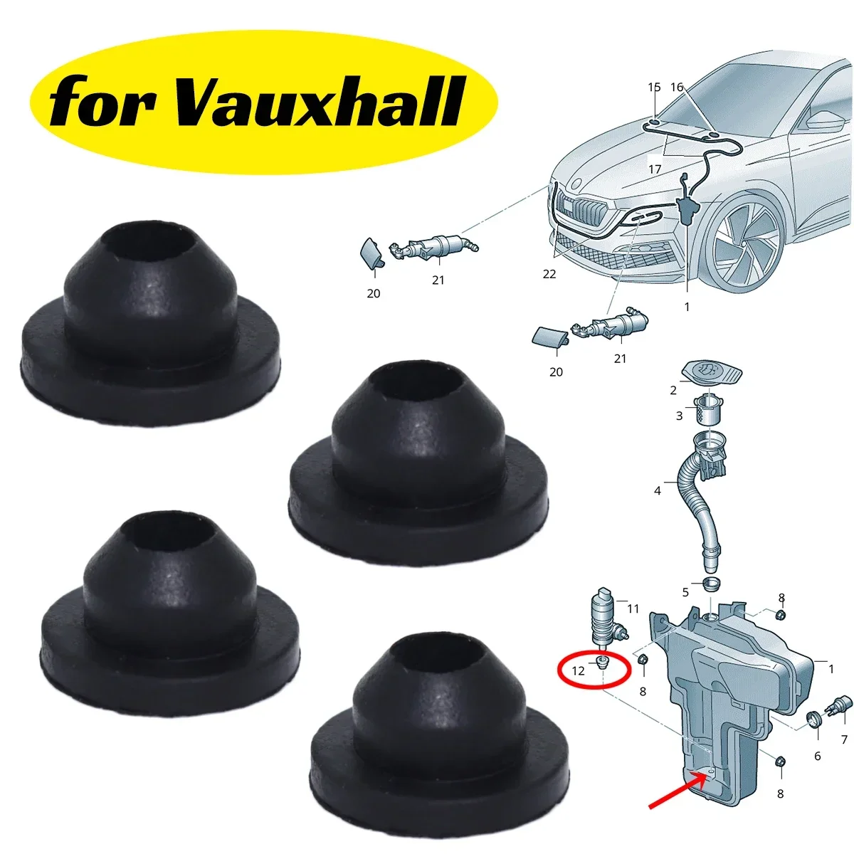 

4X Windshield Washer Headlight Pump Seal Water Reservoir Gasket Grommet Mount Bung Cap Clip Plug for Vauxhall Astra Tigra Zafira