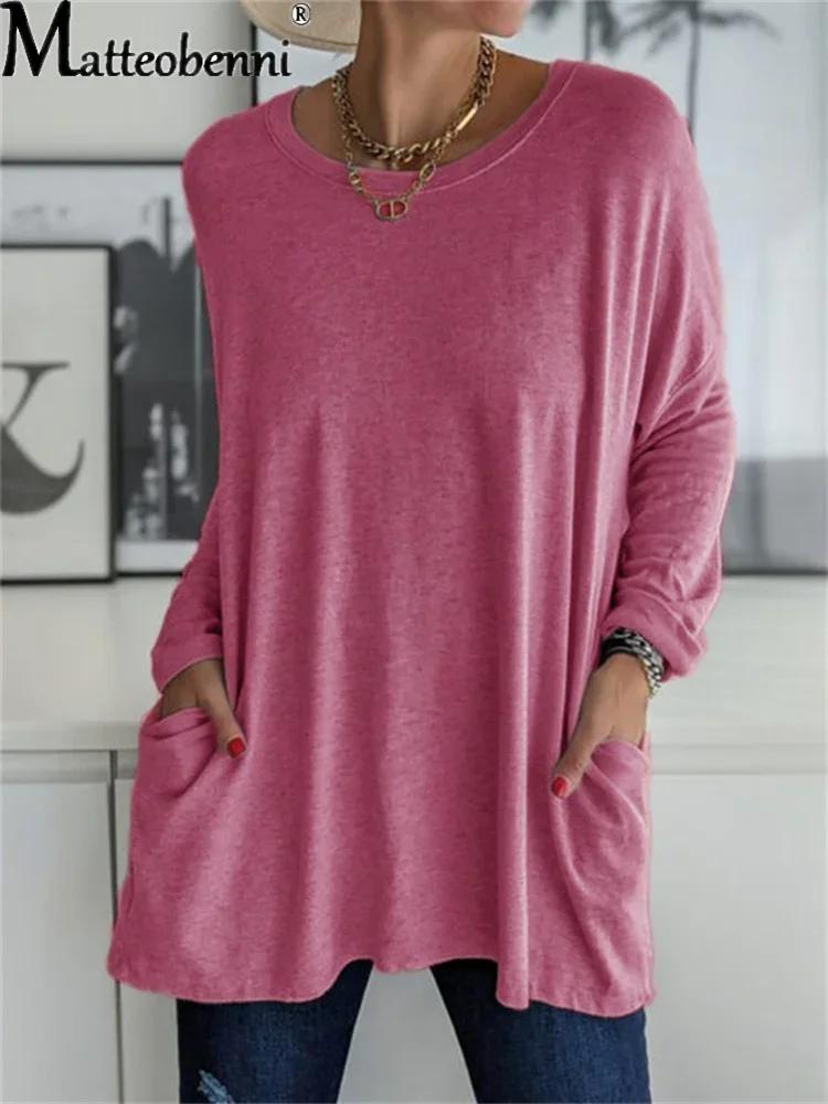 2024 Women Autumn Fashion Tunic Top Pocket Solid Color Loose Round Neck Long-sleeved T-Shirt Streetwear Casual Vintage Pullovers