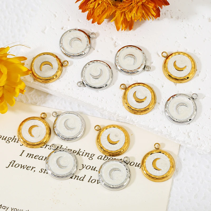 

5pcs Stainless Steel Fashion Round Crescent White Shell Charms 18K Gold Plated for DIY Jewelry Necklace Earring Making Findings