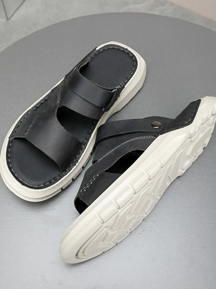 Mens Summer New Casual Outside Beach Sandals Vintage Gladiator Open Toe Thick Platform Sandals Light Weight Cow Leather Sandals