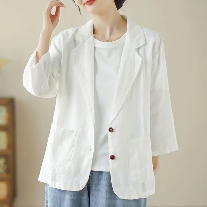 

Cotton And Linen Women's 2025 Solid Color Spring And Summer New Style Elegant Pocket Lapel Three-quarter Sleeve Jacket Suit