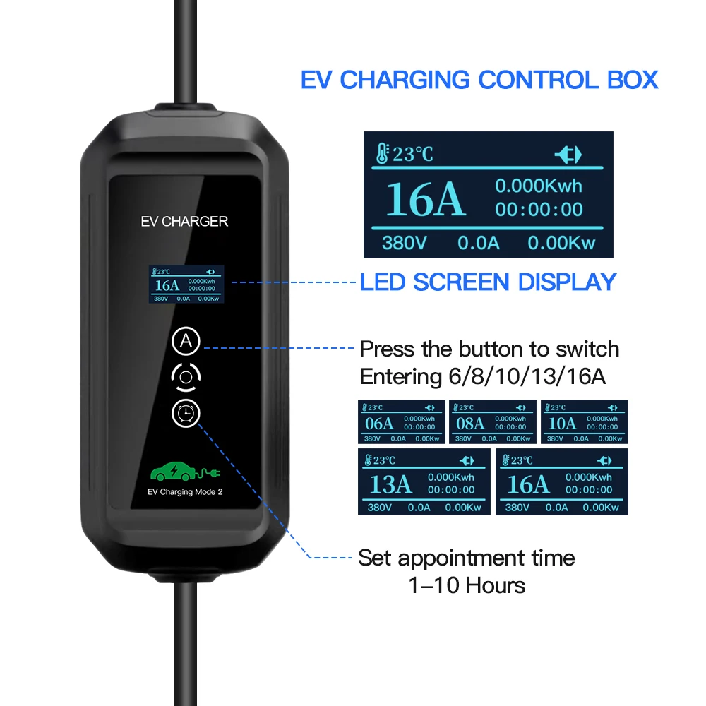 Kolanky EV Charger 16A 11KW 3P Type 2 Timer IEC 62169 Charging Electric Vehicle 11KW Socket To UK 13A 3.25KW Adaptor Cable 5M