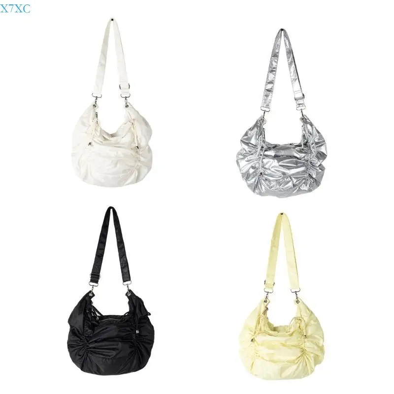 

X7XC Nylon Pleated Shoulder Bag with Drawstring Large Crossbody Purse for Women