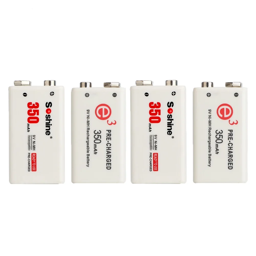 Soshine 350mAh 9V 6F22 Rechargeable Battery and 2 Slots Smart US EU Charger 6F22 9 Volt Ni-MH Batteries for Metal Detector Toy