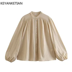 KEYANKETIAN Spring New Textured Cloth Texture Apricot Lantern Sleeve Shirt Women's Resort Style Single Breasted Loose Top