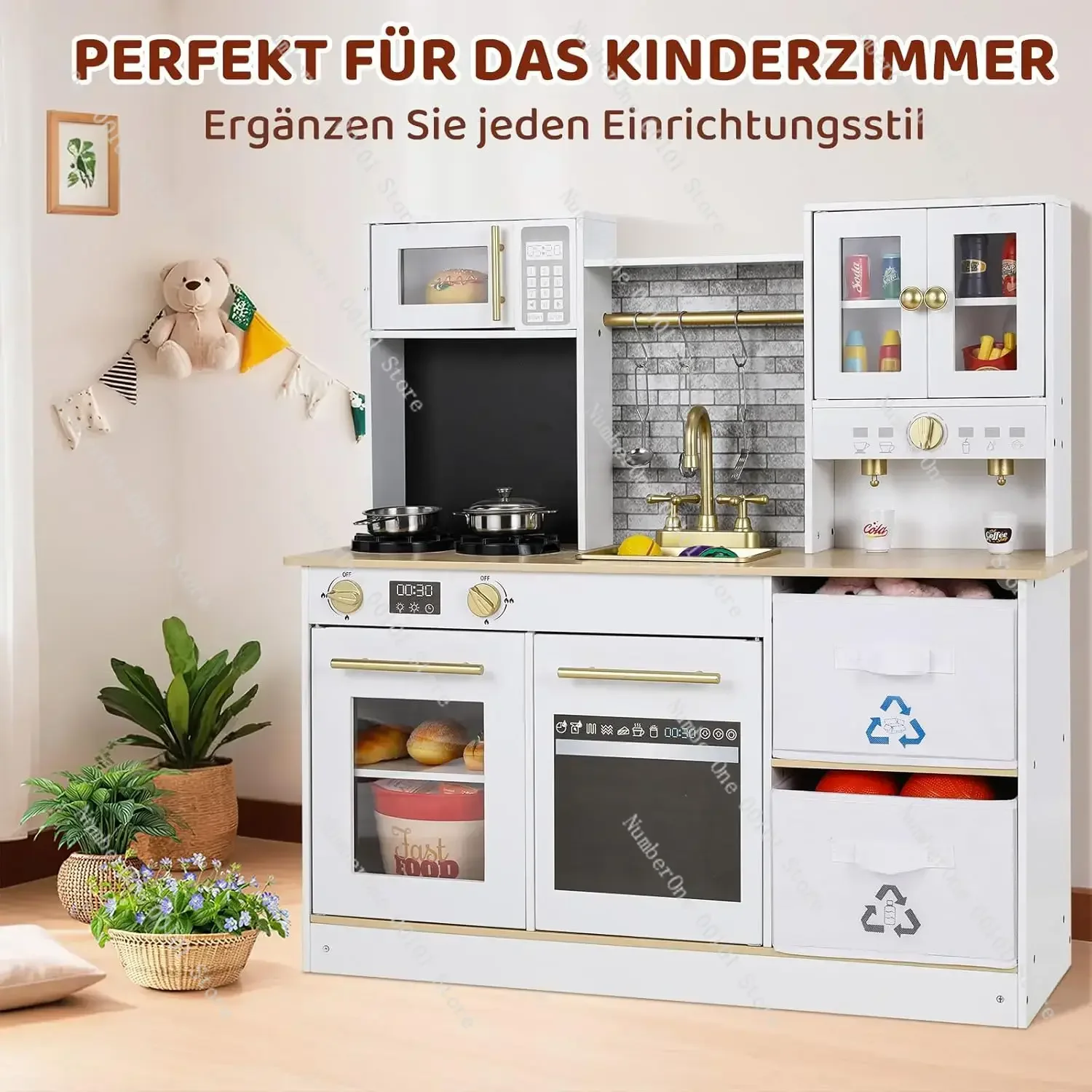 Kids Wooden Kitchen Playset, Kitchen Simulation Toys, Light & Sound Simulated Effects,