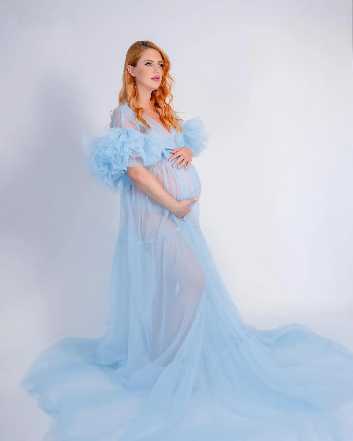 

Sexy Blue Tulle Maternity Robes For Photoshoot V Neck Ruched Short Sleeves Women Gowns Babyshower Ruffled Shooting Bathrobe Wear