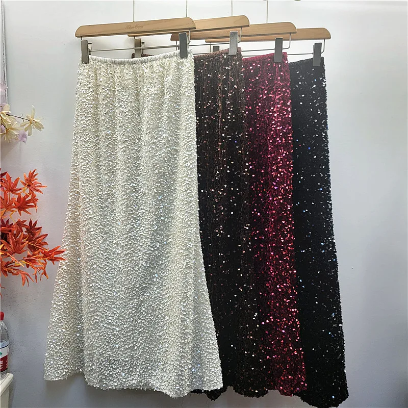 유럽 스타일 한국 버전 우아한 A라인 바디콘 롱 스커트 여성 섹시 반짝이는 헤비 시퀸 스커트 미디 길이 머메이드 스커트