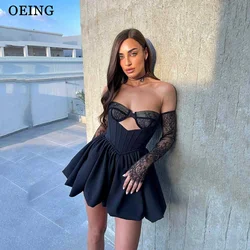 OEING Sexy Black Lace Mini Party Dresses Short Lady Cocktail Dress Night Event Formal Club Gowns Long Sleeves Formal Dress