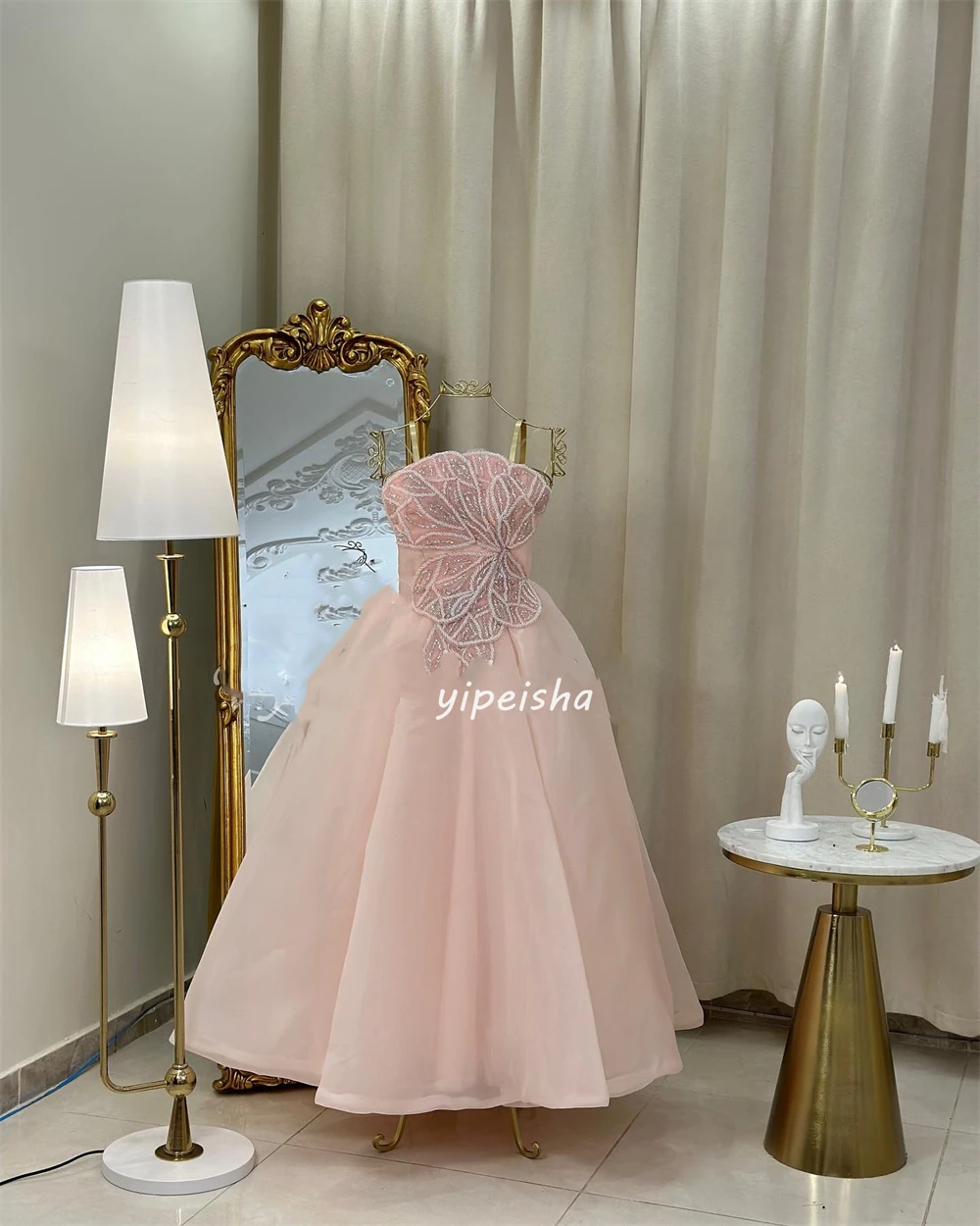 Customized Modern Style Organza Pattern Sequined Flower A-line Strapless  Midi Dresses Cocktail Dresses Classic Exquisite Unisex