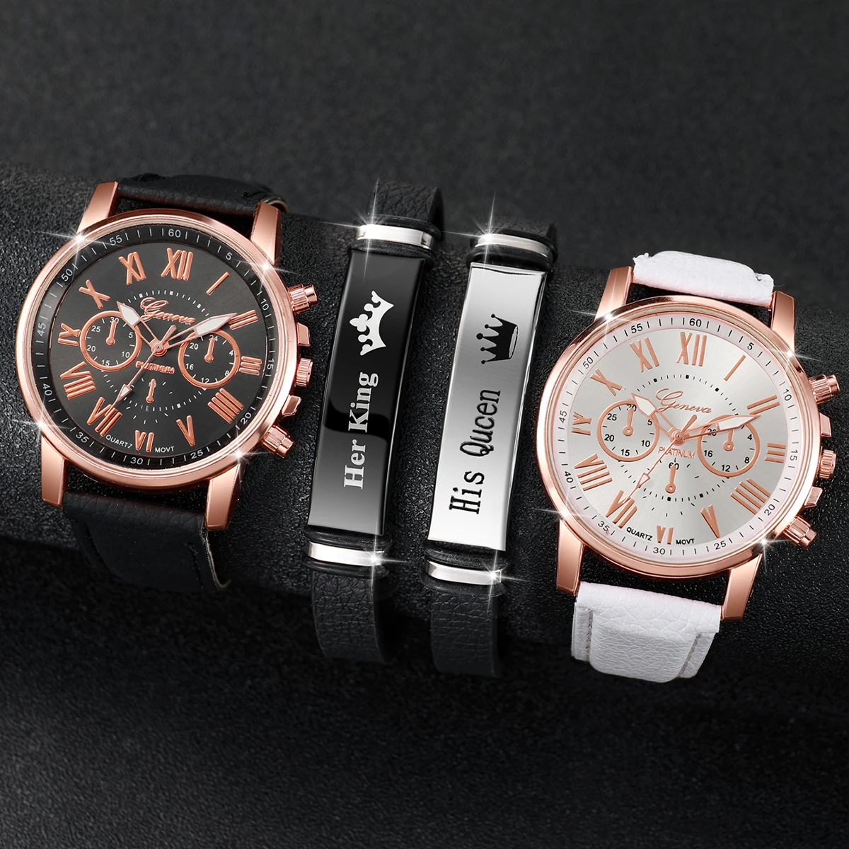 4PCS/Set Fashion Women\'s Watch Roman Dial Couple Simple Leather Strap Quartz Watch with Crown Bracelet Set