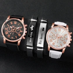 4PCS/Set Fashion Women's Watch Roman Dial Couple Simple Leather Strap Quartz Watch with Crown Bracelet Set