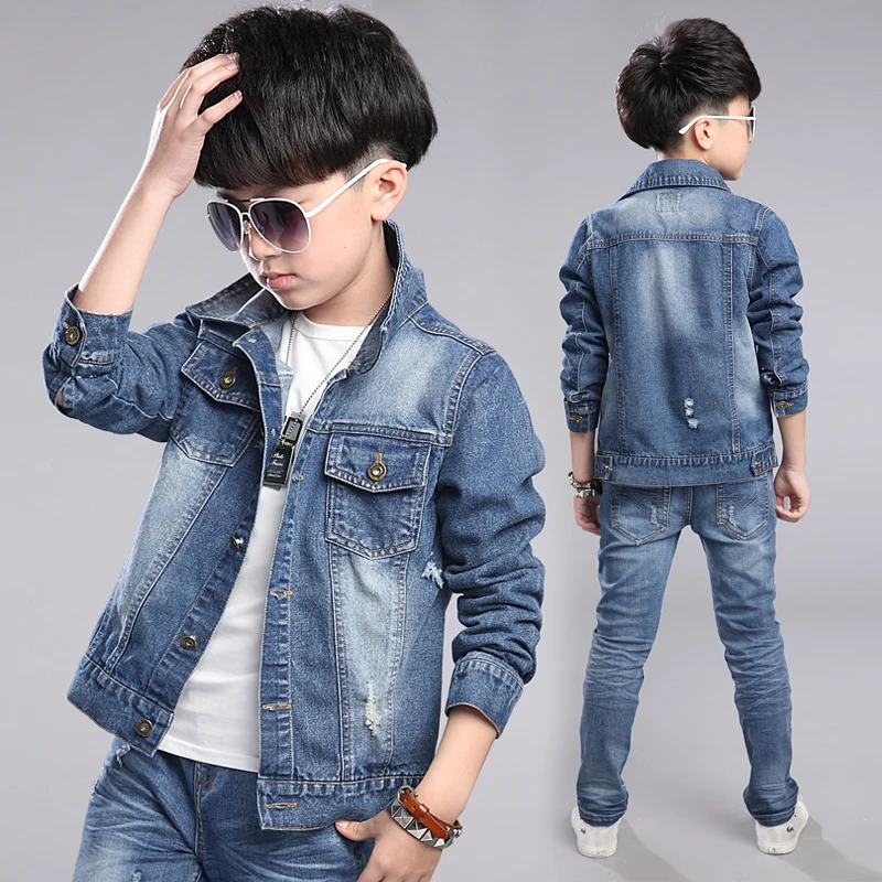 

4-14 Yrs Old Boys Denim Jacket All-Matched 2023 Spring Fall Children Solid Washed Casual Coat Male Kids Holes Outerwear Clothes