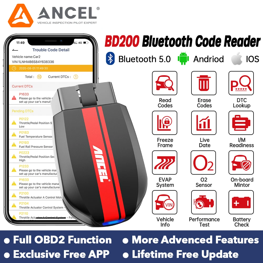 ANCEL BD200 OBD2 Automotive Scanner Bluetooth Engine Light Check Full OBDII Code Reader Car Diagnostic Tool for Android IOS iPad