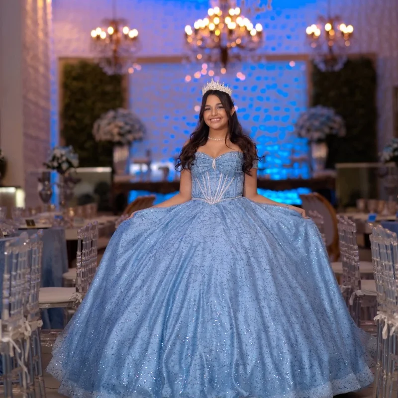 

Shiny Blue Quinceanera Dresses Off the Shoulder Glitter Crystal Decal Long tail Vestidoe 15 Quinceanera Customize
