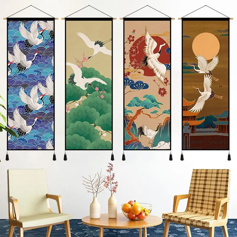 Japanese Crane Wafu Tapestry Wall Hanging- Cotton Linen Electric Box Cover for Izakaya